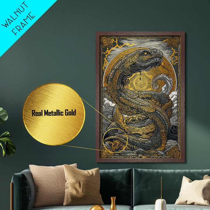 Norse Jrmungandr Metallic Gold Art Metal Art | Viking Serpent Wall Decor | Mythology Office Art framed in natural wood