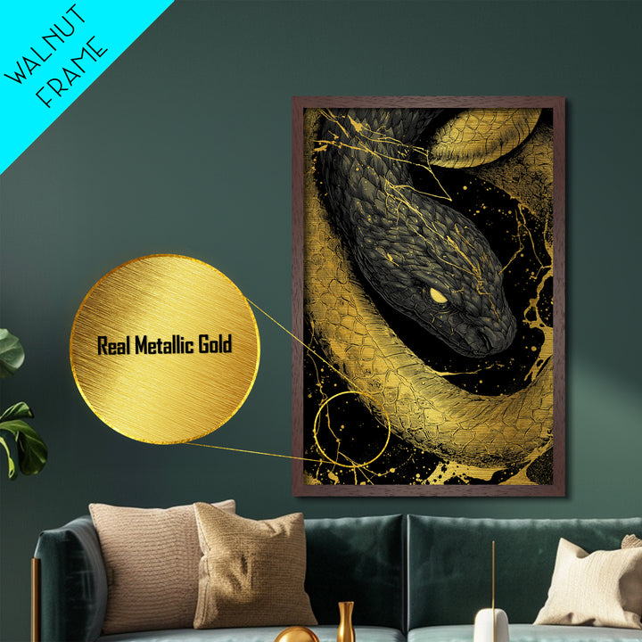 Metallic Gold Art Jrmungandr Midgard Serpent Metal Art | Norse Wall Decor | Viking Office Art with real wood frame