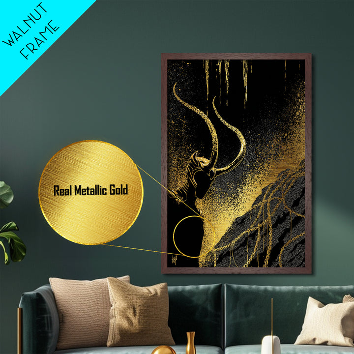 Loki Bound Metallic Gold Art Metal Art | Norse Trickster God Wall Decor | Viking Mythology Man Cave framed in wood