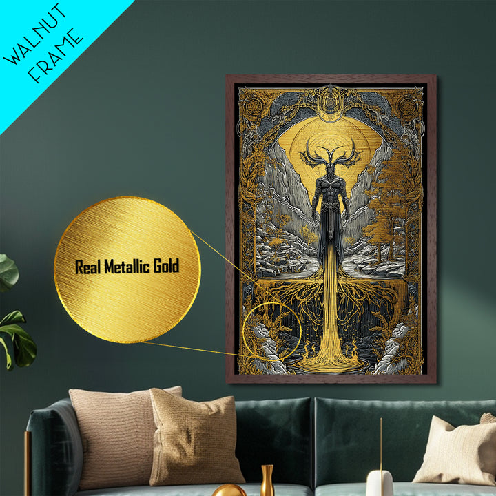 Nordic Loki Metallic Gold Art Metal Art | Viking God of Mischief Wall Decor | Norse Office Art Gift in real wood frame