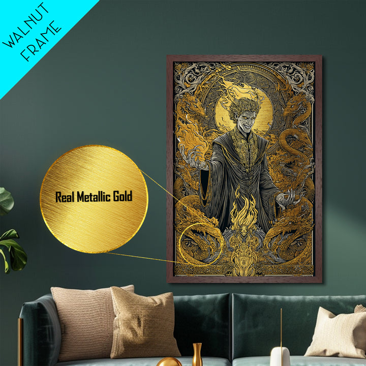 Loki Mythology Metallic Gold Art Metal Art | Norse Trickster God Viking Decor | Office Wall Art framed with wood