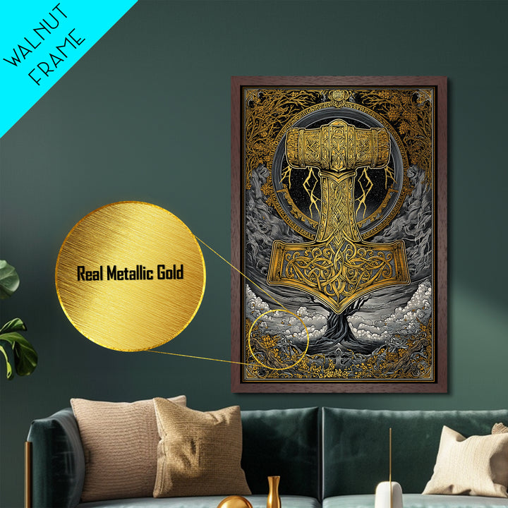 Norse Mythology Mjolnir Hammer Artwork, Metallic Gold Art and Viking Metal Art, framed in real wood, Nordic office and dad gift décor