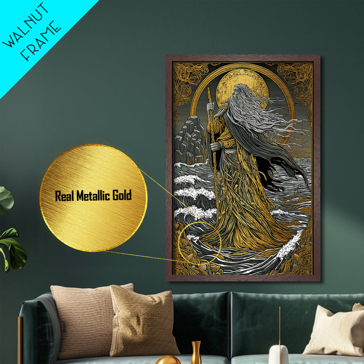 Nordic God Njord Metallic Gold Art, Ocean Deity Norse Mythology Metal Art for Office Wall or Dad Gift, framed with natural wood