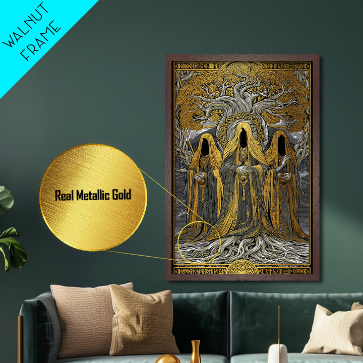 Norns of Yggdrasil Metallic Gold Art, Nordic Mythology Metal Art featuring Fate and Destiny, Viking Wall Art framed in real wood