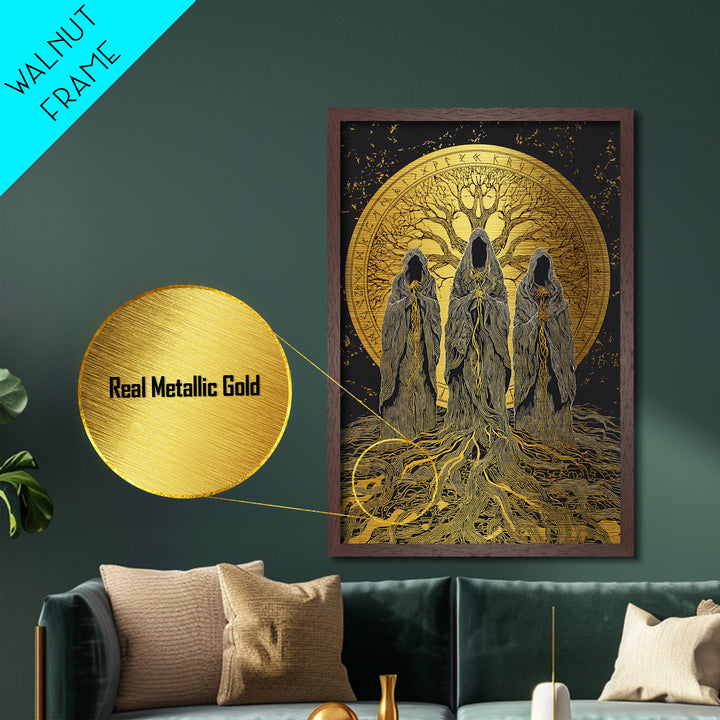 Norns Metallic Gold Art, Norse Mythology Metal Art of Fate Weavers with Yggdrasil, Viking Office Decor beautifully framed in real wood