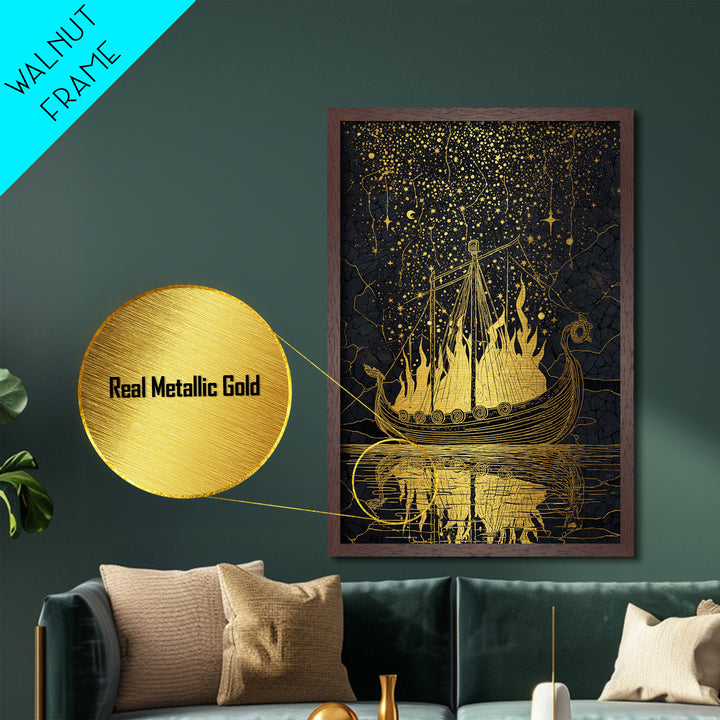 Norse Burial Ship Metallic Gold Art Metal Art – Viking Funeral Boat Wall Decor, Man Cave Office Artwork framed in real natural wood