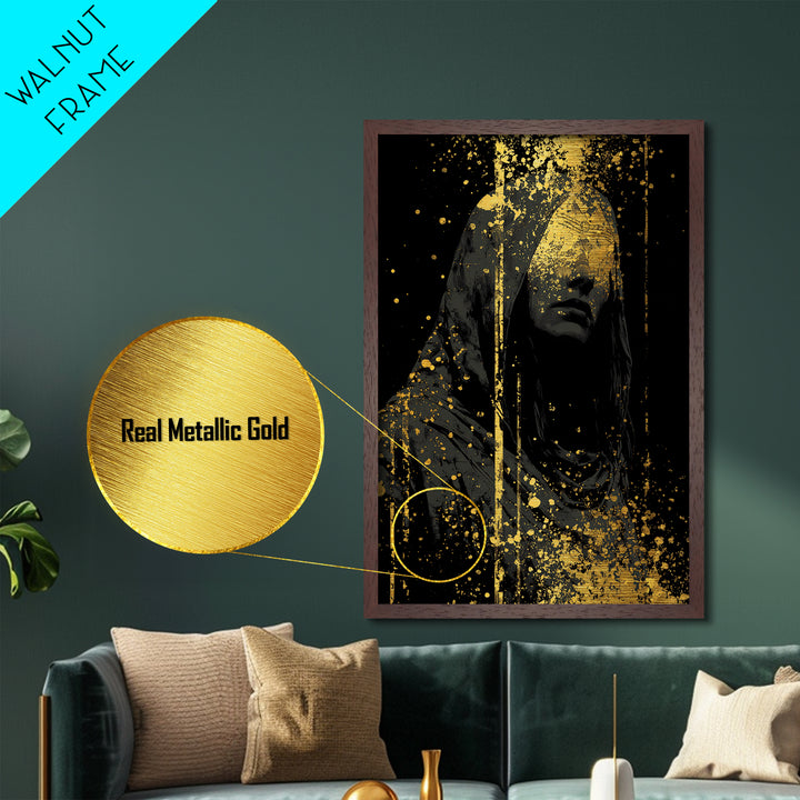 Nordic Hooded Seer Metallic Gold Art Metal Art – Norse Mythology Office Wall Art, Mystic Viking Decor in handcrafted wood frame