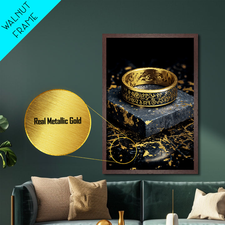 Norse Rune Ring Metallic Gold Art Metal Art – Viking Jewelry Inspired Office Wall Art, Nordic Man Cave Decor framed in wood frame