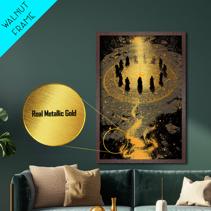 Mystical Norse Ritual Gathering Metallic Gold Art, Viking Pagan Metal Art Wall Hanging with real wood frame, Dad Gift or Office Art