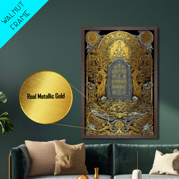 Norse Rune Carved Monolith Metallic Gold Art, Viking Metal Art for Dad Gift or Office, natural wood frame adds authentic Nordic style