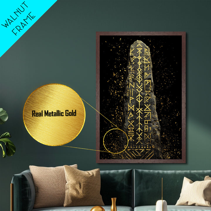 Golden Norse Rune Stone Metallic Gold Art, Mythology Inspired Viking Metal Art framed in real wood, Office Art or Man Cave Accent