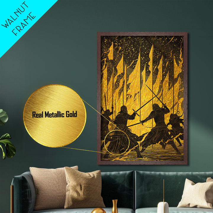 Warriors Clash in Fiery Nordic Battle Metallic Gold Art, Viking Combat Metal Art framed with real wood, Man Cave Office Wall Accent