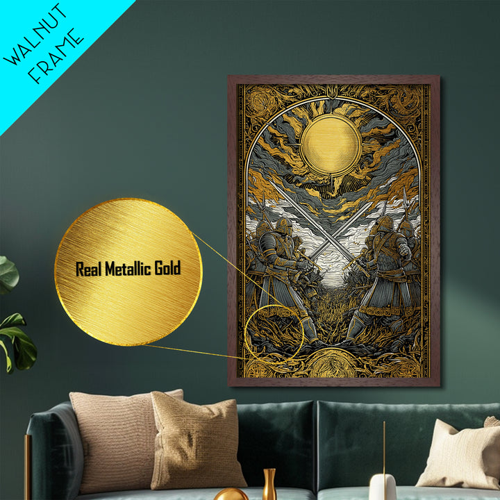 Nordic Mythology Battlefield Metallic Gold Art, Viking Warriors Metal Art with natural wood frame, Strong Office Decor or Dad Gift