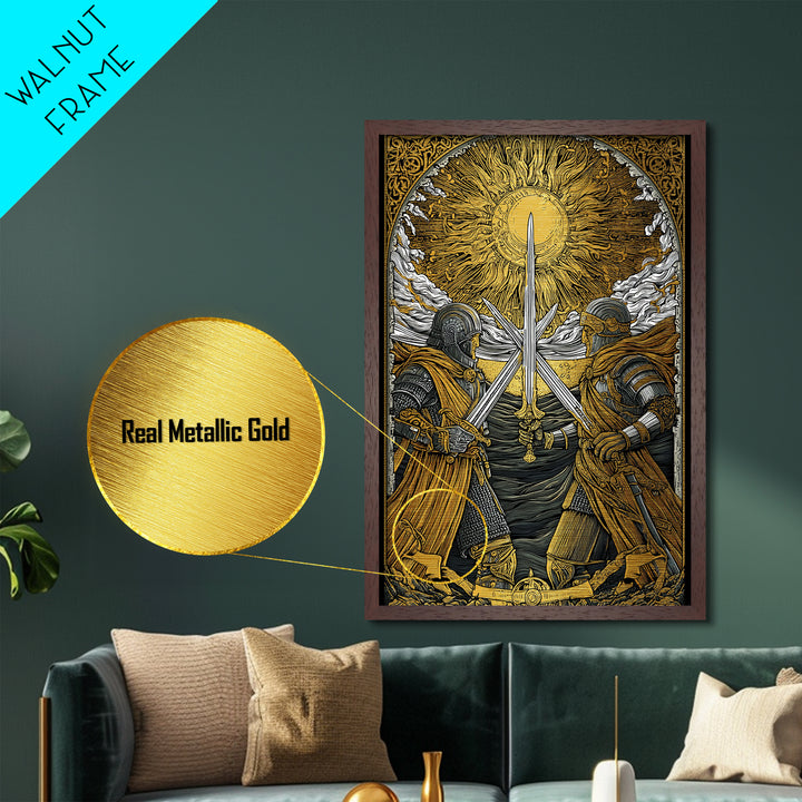 Norse Warriors in Battle Metallic Gold Art, Viking Metal Art with real wood frame, Perfect for Man Cave, Office Wall Art, or Dad Gift
