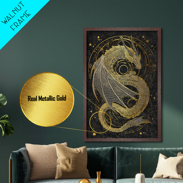 Nordic Dragon Metallic Gold Art, Viking Mythology Metal Art for Man Cave or Office, framed in natural real wood for dad gift