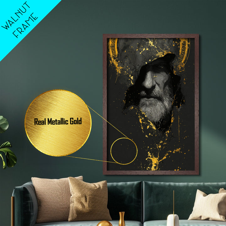 Odin Metallic Gold Art Norse God Portrait, Viking Mythology Metal Art with real wood frame, masculine Nordic wall art for man cave