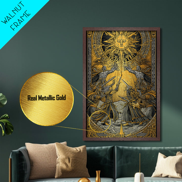 Ragnarök Battle Metallic Gold Art, Viking Apocalypse Norse Myth Metal Art in real wood frame, Nordic wall art for man cave or office