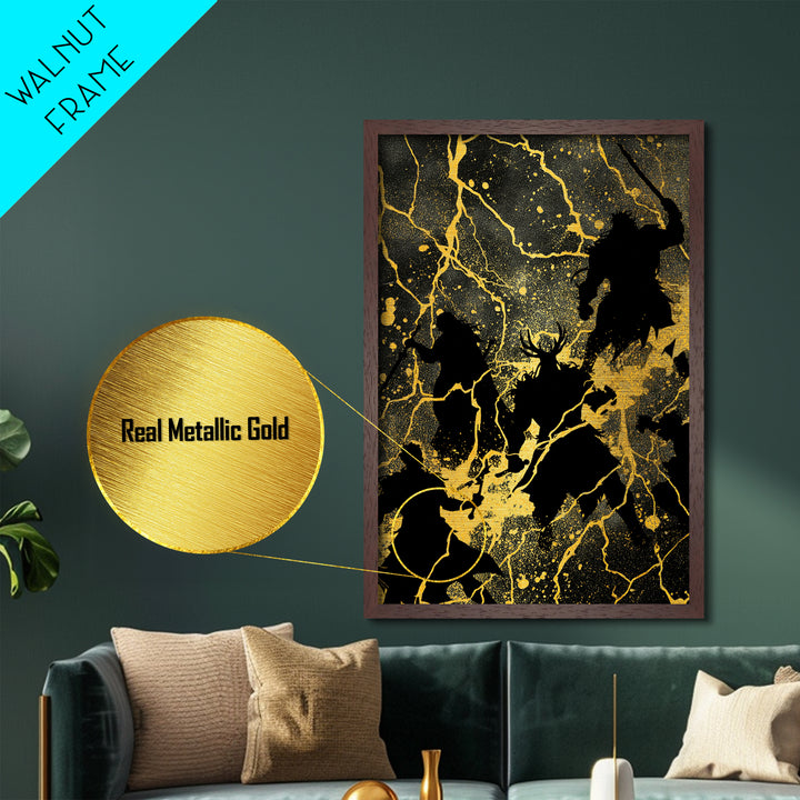 Epic Ragnarok Battle Scene Nordic Wall Art, Metallic Gold Art and Metal Art, Norse Gods Lightning Design with natural wood frame