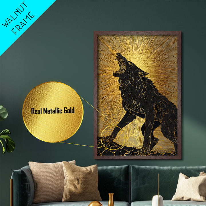 Nordic Fenrir Wolf Metal Art, Metallic Gold Art with Norse Mythology Sun Chaser Wolf, Man Cave Decor framed in authentic wood
