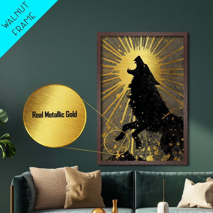 Fenrir Howling Wolf Metallic Gold Art, Norse Mythology Metal Art with Viking Wolf Symbolism, Office Wall Decor in real wood frame