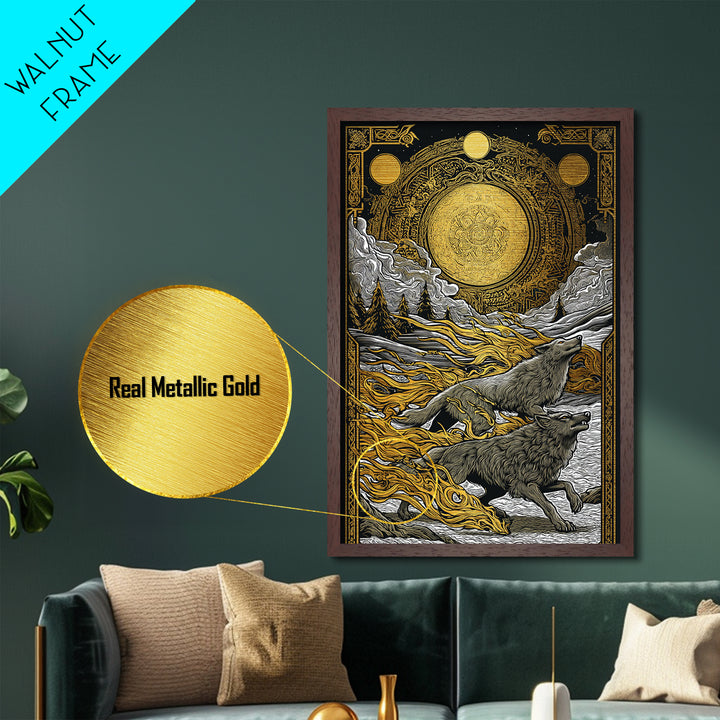 Sköll and Hati Wolves Norse Mythology Art, Metallic Gold Art and Metal Art, Viking Wolf Chasing Sun and Moon framed in wood