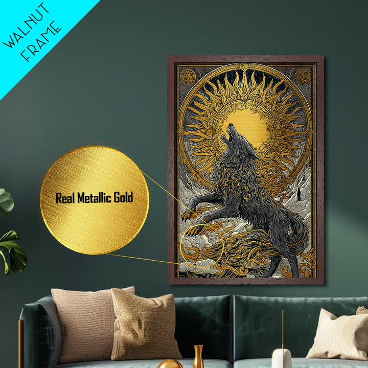 Fenrir Wolf Ragnarok Metal Art, Metallic Gold Art with Norse Mythology Theme, Viking Wolf Office Wall Decor framed in real wood