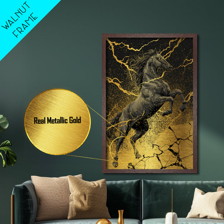 Nordic Sleipnir Horse of Odin Metal Art Metallic Gold Art Wall Decor Dad Gift Mythology Office Art with handcrafted wood frame