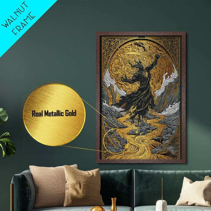 Norse Horse Sleipnir Metal Art Metallic Gold Art Wall Print Nordic Mythology Office Art Dad Gift Man Cave framed in real wood