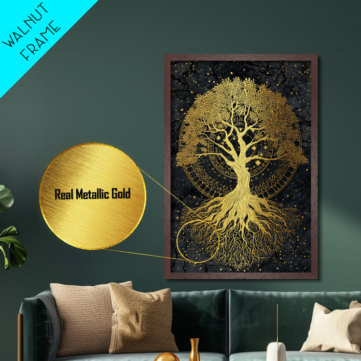 Nordic Yggdrasil Tree of Life Metallic Gold Art Metal Art with real wood frame, Norse Mythology Office Decor and Dad Gift Idea