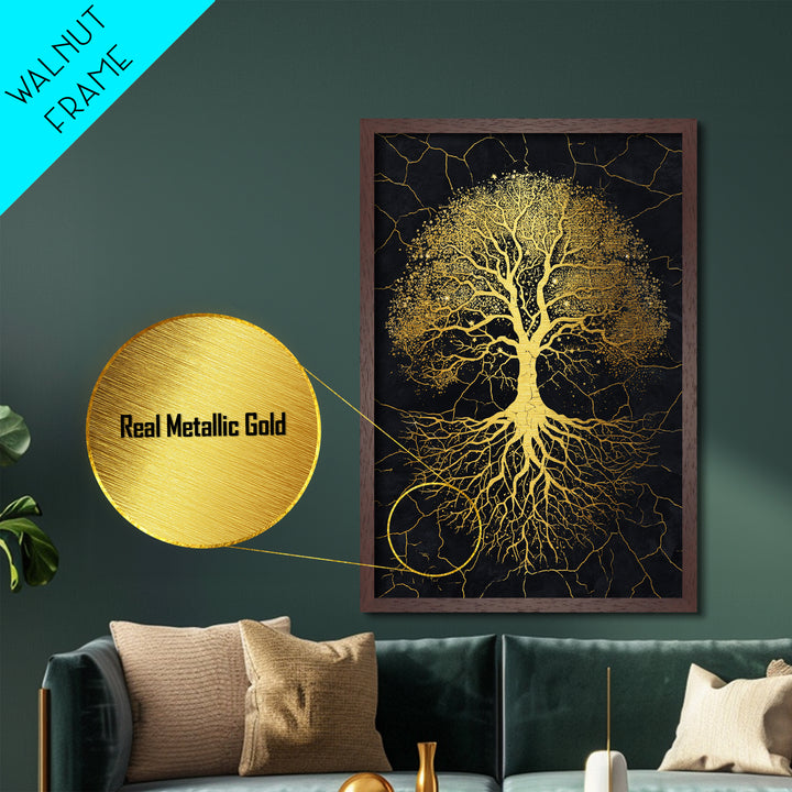Norse Yggdrasil Tree Metallic Gold Art Metal Art Celestial Design with roots framed in real wood, Unique Office or Man Cave Art