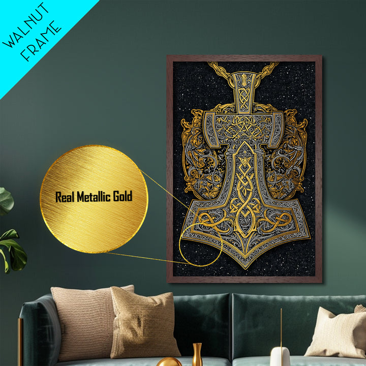 Norse Thor’s Hammer Metallic Gold Art Metal Art Viking Mjolnir Pendant Design with real wood frame, Unique Man Cave Wall Decor