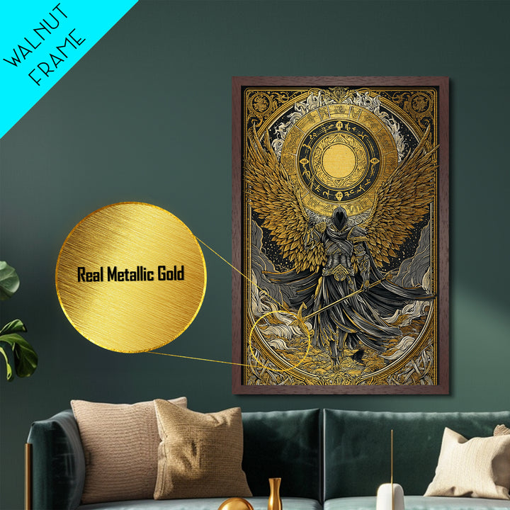 Norse Valkyrie Metallic Gold Art Metal Art, Nordic Mythology Winged Warrior Goddess Wall Art Office Decor Dad Gift, framed in wood