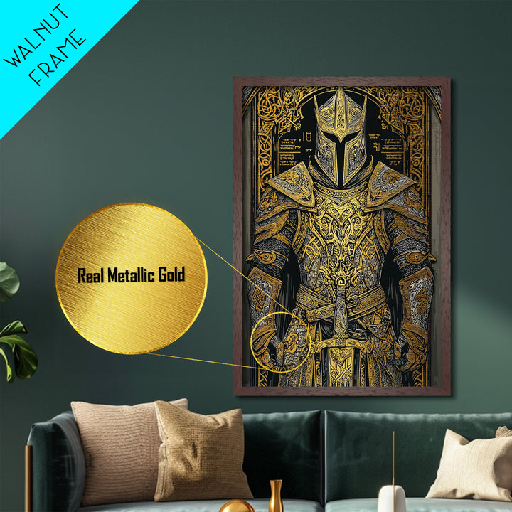 Nordic Knight Armor Metallic Gold Art, Mythology Metal Art Perfect for Man Cave Wall Decor, framed with handcrafted real wood