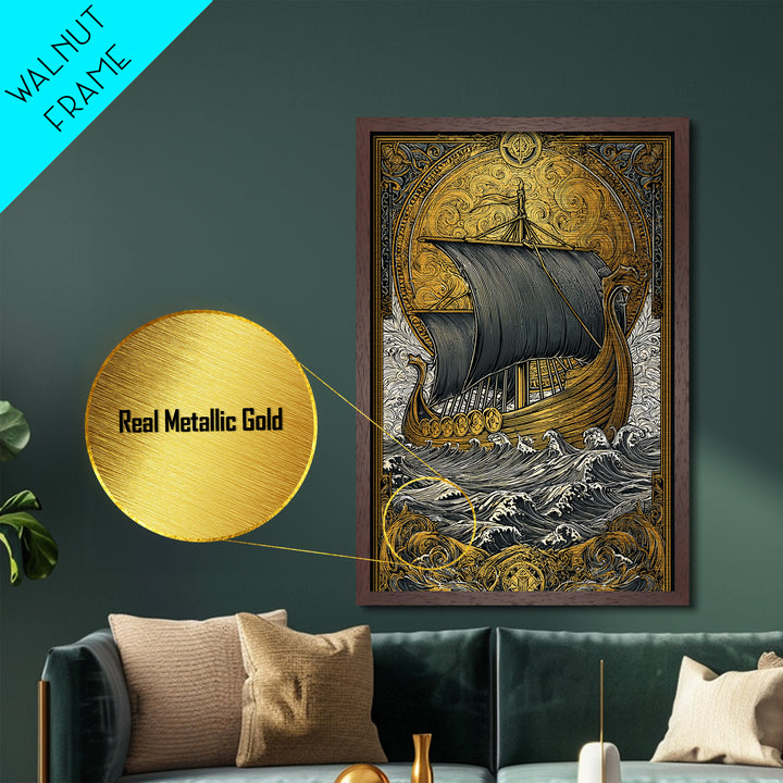 Nordic Warrior Helmet Metallic Gold Art, Viking Style Metal Art Wall Decor, striking man cave gift framed with natural wood detail