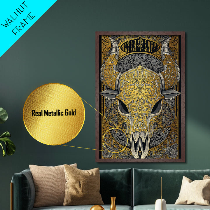 Rune Stone Metallic Gold Art, Ancient Viking Mythology Metal Art Perfect for Office or Dad Gift, framed with handcrafted wood