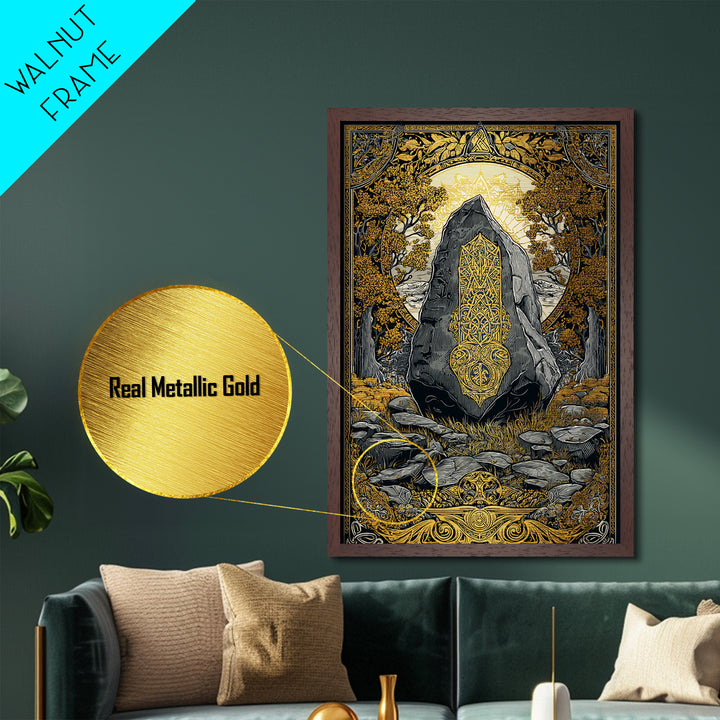 Viking Ship Wall Decor Metallic Gold Art Metal Art Nordic Longship Ocean Waves Office Art Man Cave Framed in Natural Wood