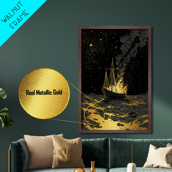 Metallic Gold Art Metal Art Viking Ship with Dragon Sail Nordic Mythology Decor Man Cave Wall Art Dad Gift with Real Wood Frame
