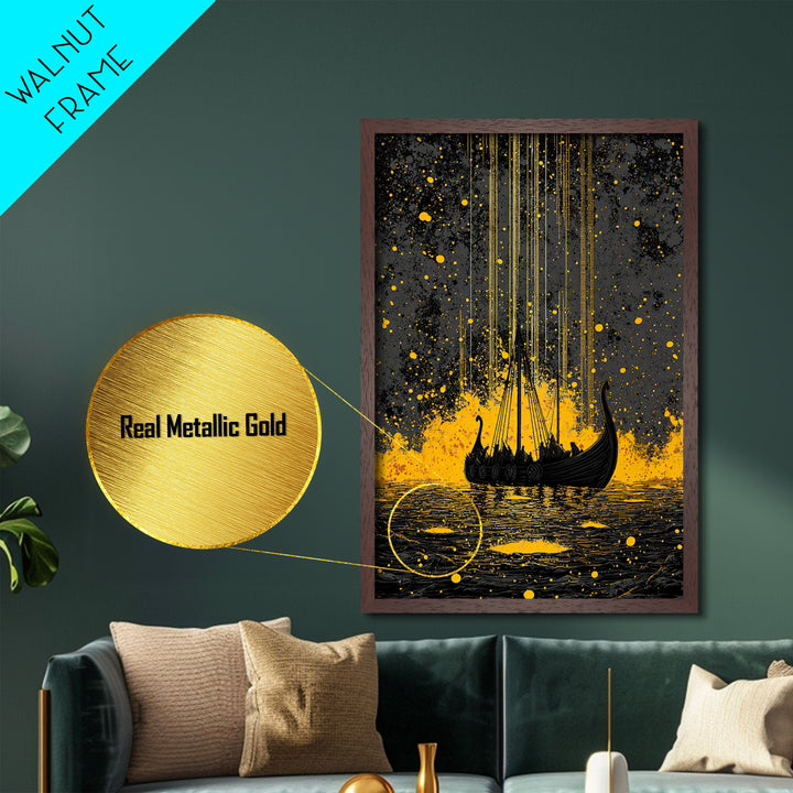Nordic Longship Ocean Voyage Metallic Gold Art Metal Art Viking Decor for Men’s Office or Den Framed in Solid Wood Handmade