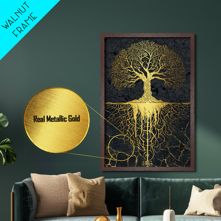 Norse Mythology Yggdrasil Tree Metallic Gold Art Metal Art Viking Decor Wall Art Nordic Symbolism Dad Gift Framed in Solid Wood
