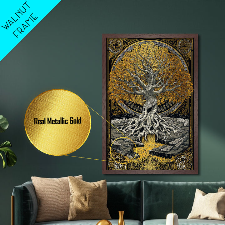 Nordic Yggdrasil Wall Decor Metallic Gold Art Metal Art Norse Mythology Tree of Life Viking Style Office Art Framed in Real Wood