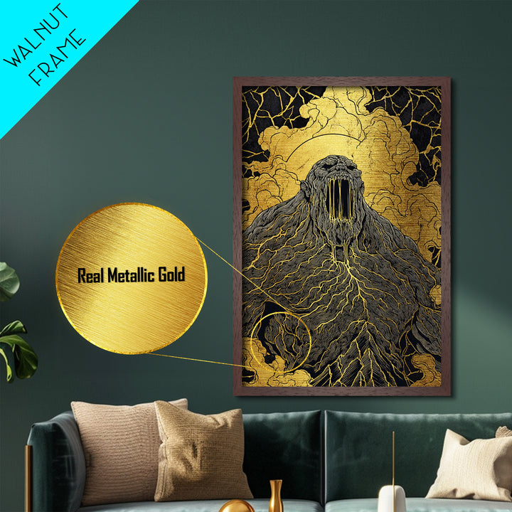 Nordic Ymir Mythology Metallic Gold Art Metal Art | Giant Norse Wall Decor in Real Wood Frame | Man Cave, Office & Dad Gift Art