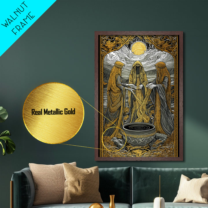 Norns Weaving Fate Metallic Gold Art, Norse Mythology Metal Art of Urd, Verdandi, Skuld, Viking Wall Art framed in real wood