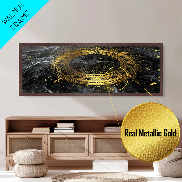 Norse Runes Metallic Gold Art, Viking Symbol Metal Art framed in real wood, Nordic Mythology Office Wall Decor, Man Cave Gift Idea
