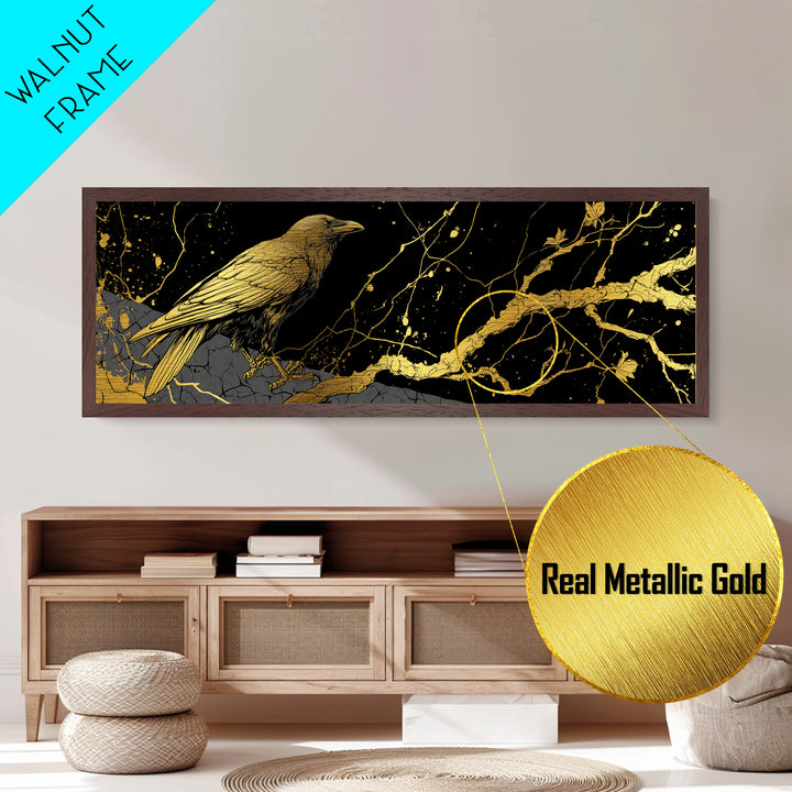 Odin’s Raven Metallic Gold Art Norse Mythology Metal Art Viking Wall Decor with natural wood frame, Man Cave or Office Gift