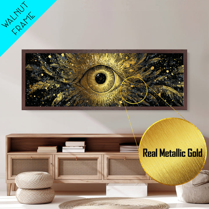 Odin’s All-Seeing Eye Metallic Gold Art Nordic Wall Decor Metal Art for Office or Man Cave, framed in natural wood