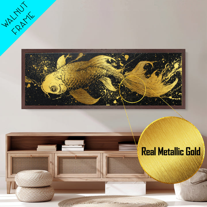 Koi Fish Metallic Gold Art Japanese Nordic Fusion Wall Art Metal Art with real wood frame, great Viking Dad Gift or Office