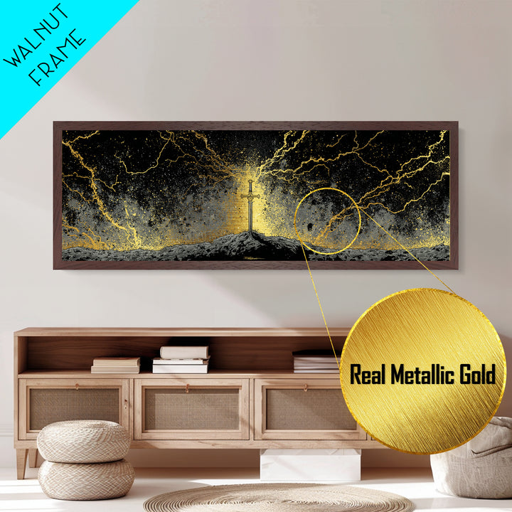 Legendary Sword Metallic Gold Art Norse Mythology Metal Art Wall Decor for Men, Office or Man Cave framed in real wood
