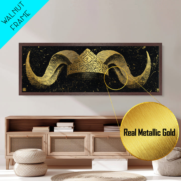 Nordic Horned Crown Metallic Gold Art, Viking Inspired Metal Art Wall Hanging, Office Decor or Dad Gift in real wood frame