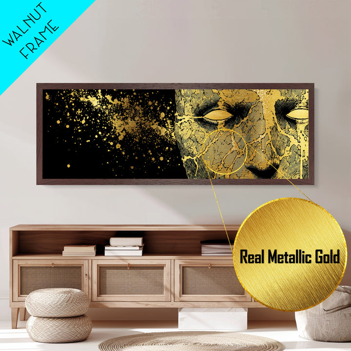 Metal Art Metallic Gold Broken Face Nordic Mask, Norse Mythology Office or Man Cave Art, Viking Decor with natural wood frame