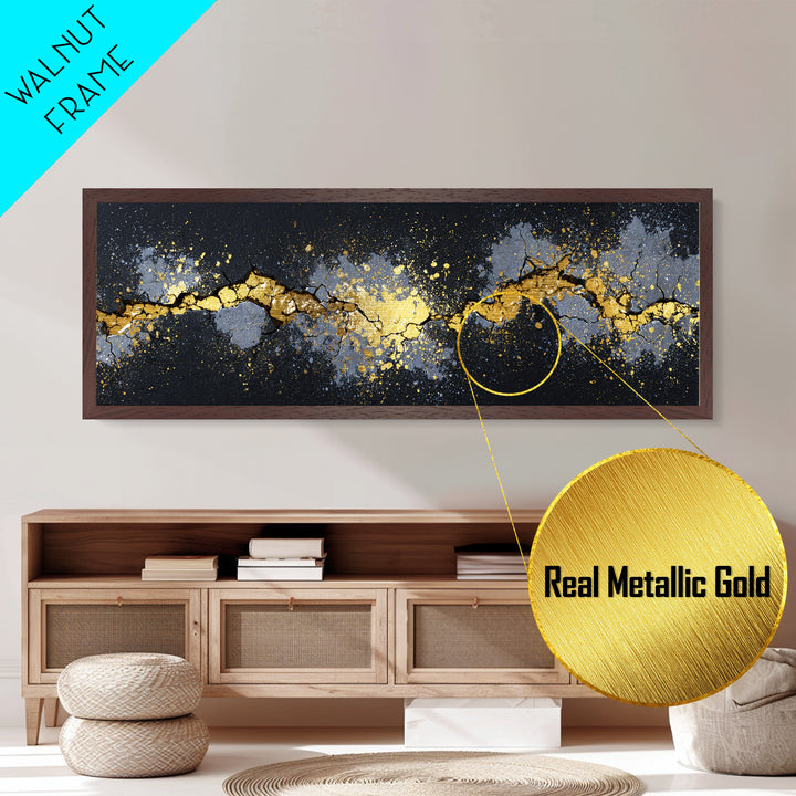 Cracked Stone Nordic Wall Metallic Gold Art Metal Art, Viking Mythology Office Art Man Cave Decor, with real wood frame